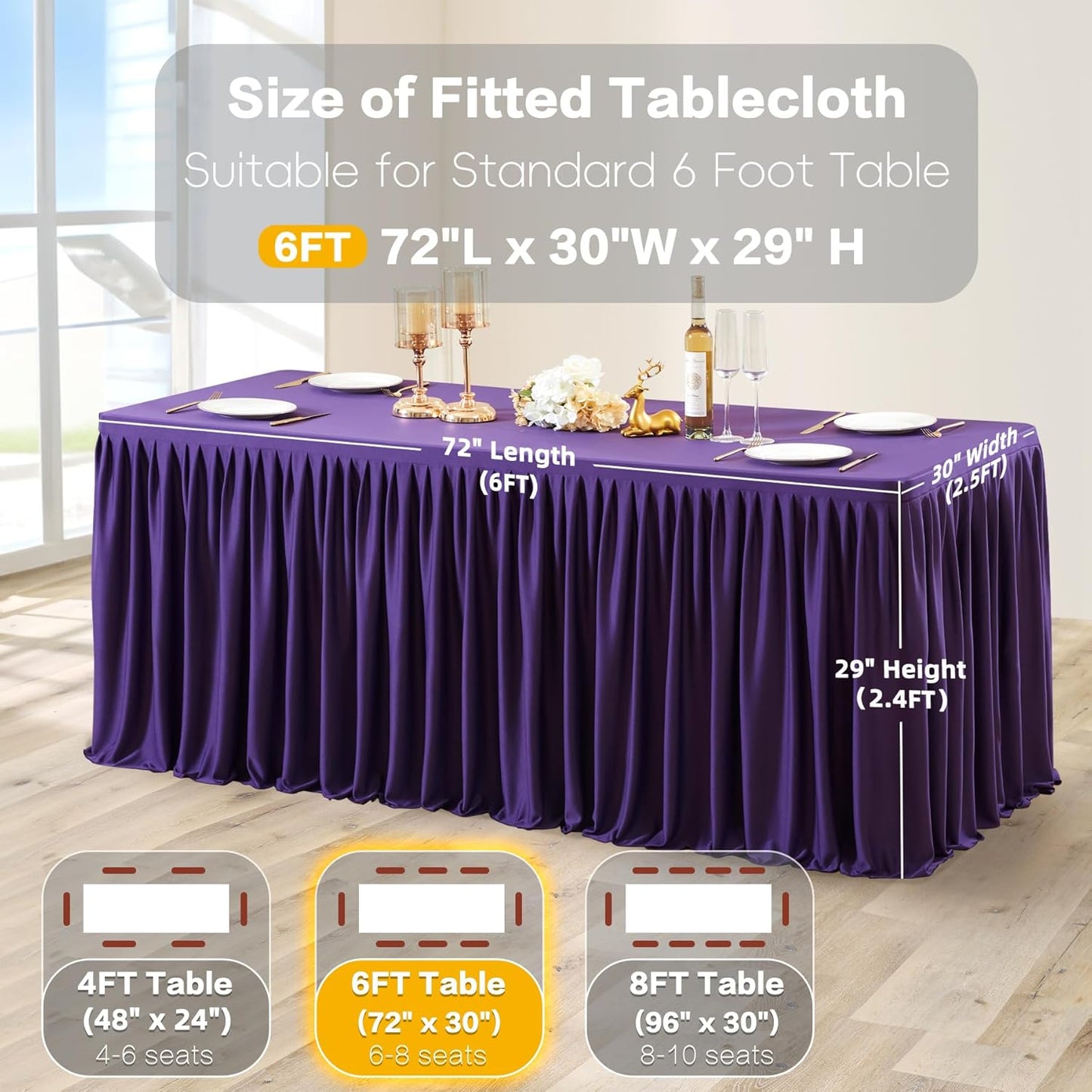 Dark Purple Table Clothes for Rectangle Tables 6ft, Wrinkle Resistant Fitted Table Cloth with Pleated Ruffle Skirts for Banquet Wedding Baby Shower Folding Tables