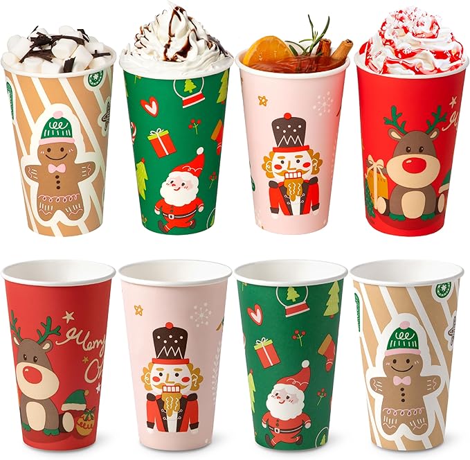 Fit Meal Prep 50 Pack 16 oz Christmas Disposable Coffee Cups, Durable Thickened Christmas Paper Cups for Hot Beverage Chocolate Tea Cocoa, Xmas Party Cups for Kids, Adult, Party, Holiday