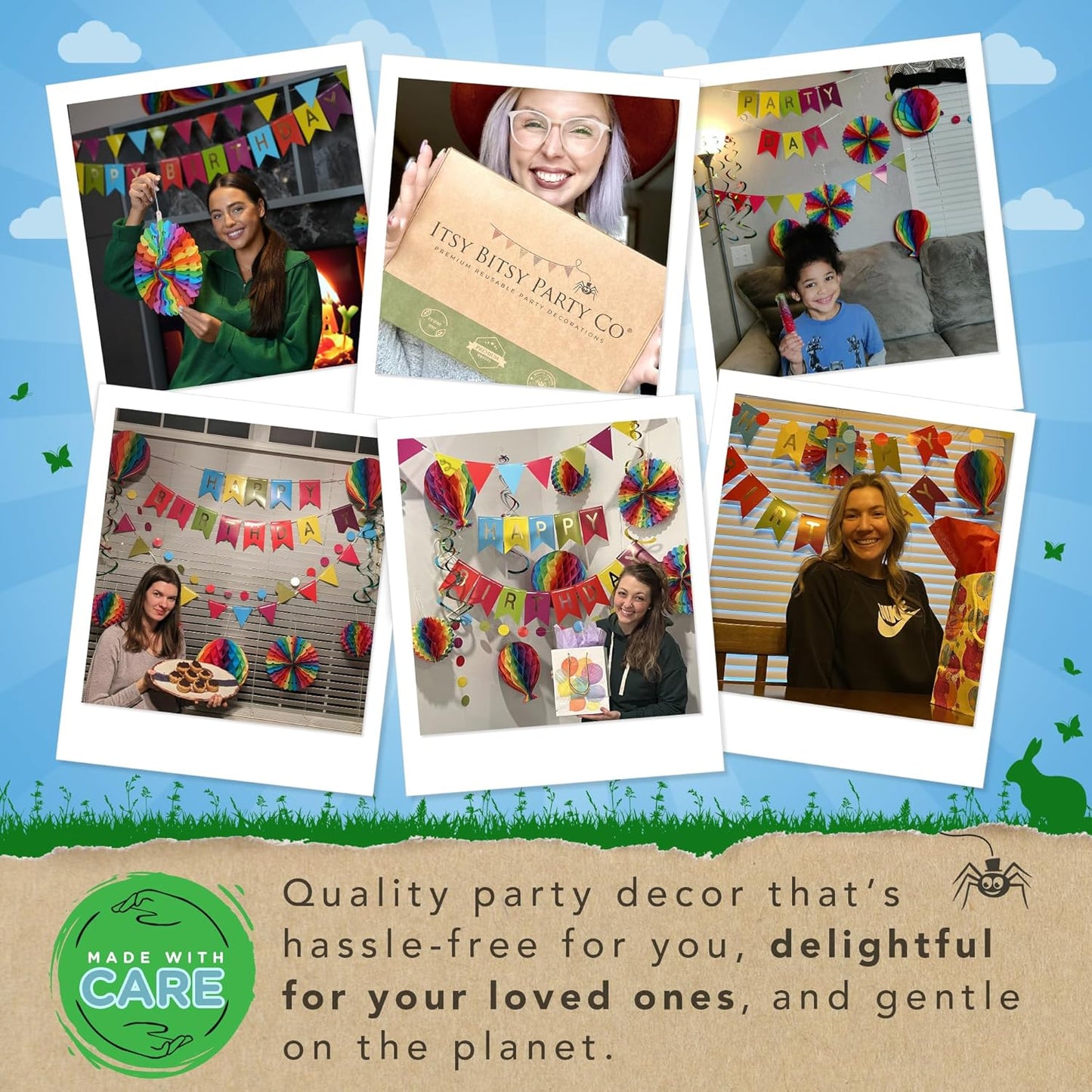 Premium Reusable Happy Birthday Decorations - Colorful Rainbow Birthday Decorations for Kids, Women, and Men - Multi-occasion Banner, Pennant Banner, Paper Fans - Party Decor by Itsy Bitsy Party Co