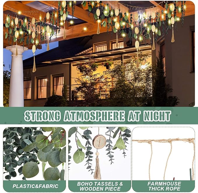 Juexica Artificial Hanging Eucalyptus Wall Decor Boho Bedroom Wall Decor with LED String Light for Home Office Farmhouse Nursery Bathroom Kitchen(Wooden Bead)