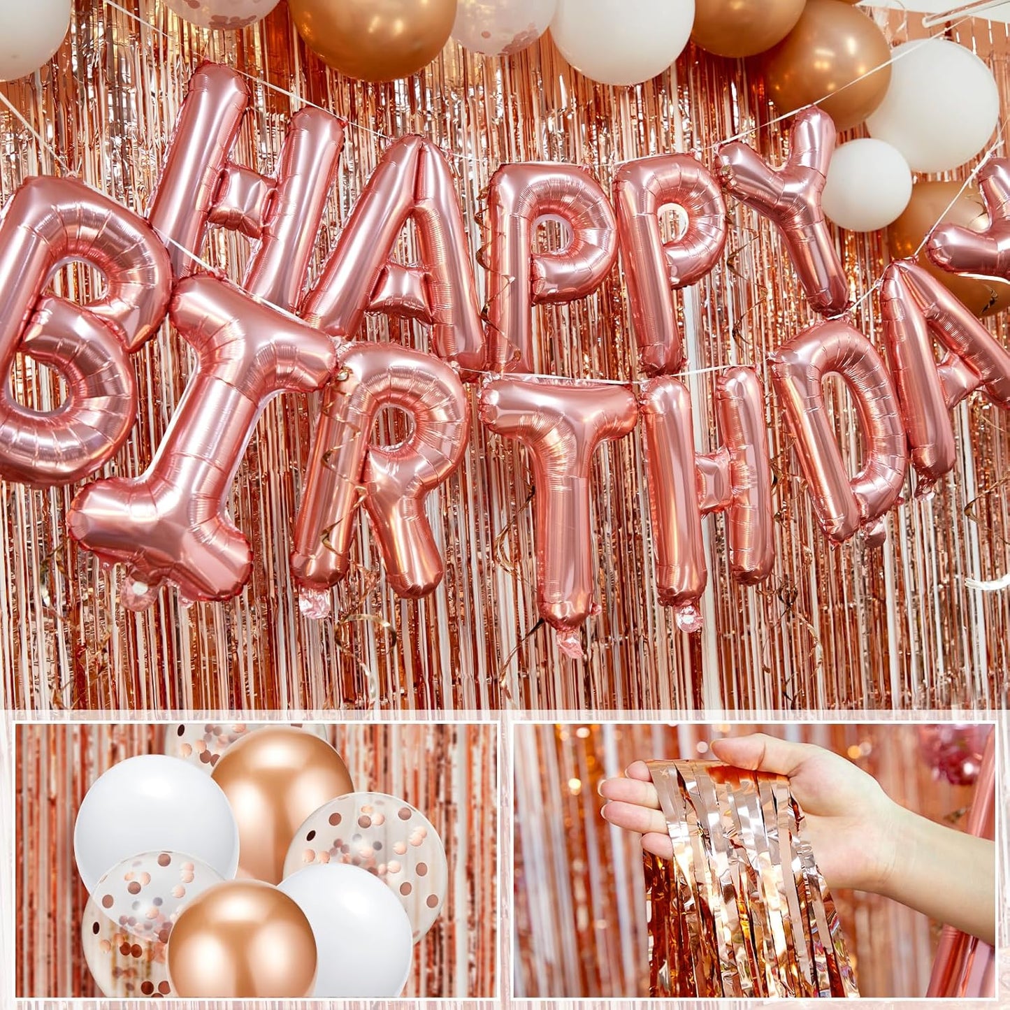 Rose Gold Happy Birthday Party Decorations for Women, Happy Birthday Banner for Her, Fringe Curtains, Foil Tablecloth, Confetti Balloons, Butterfly Decor for 18th 21st 30th 40th 50th