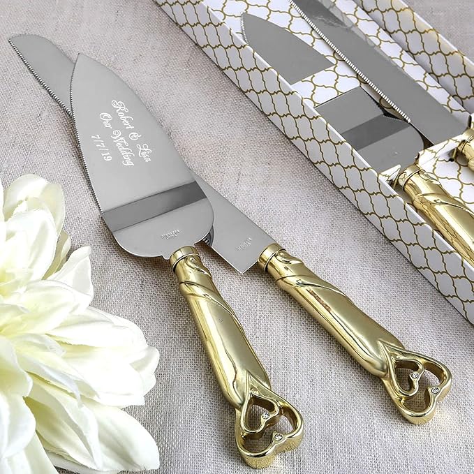 GIFTS INFINITY Personalized Gold Interlock Hearts Wedding Cake Knife and Server Set with Engraving – Keepsake Gift for Wedding, Anniversary, Reception, Birthday & Other Occasions (2541-PU)