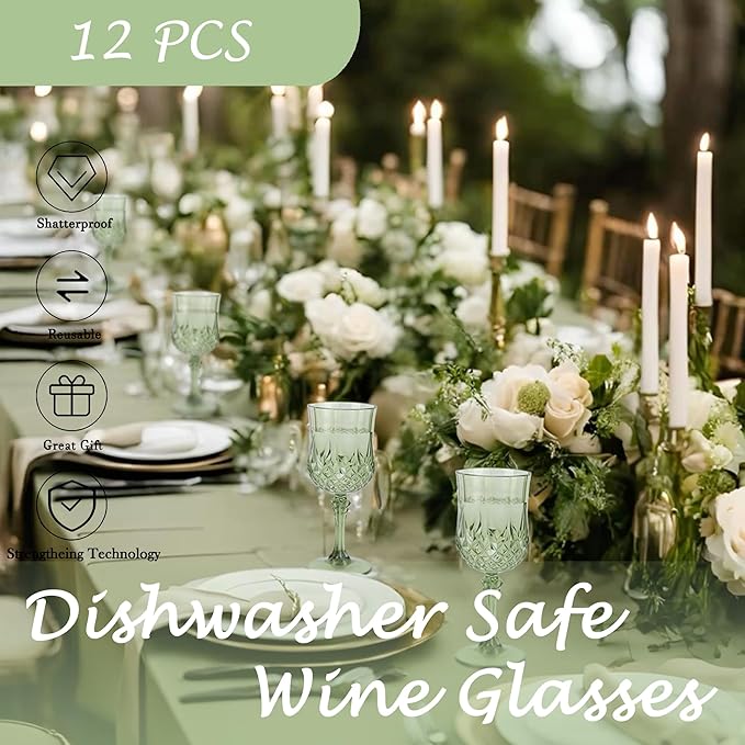 Plastic Wine Glasses, Plastic Goblets Vintage Style Cordial Unbreakable Drinking Glasses, Reusable Drinkware for Wedding Reception, Grand Event Party Supplies, Easter (12, New Green)