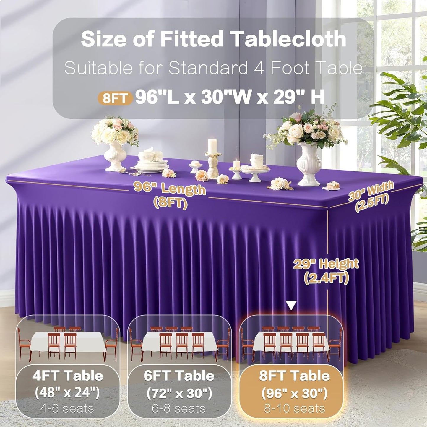 6 Packs Purple Spandex Tableclothes for 8 Foot Rectangle Table, Spandex Table Covers 8FT Stretch Table Skirts Rectangle Wrinkle Free Fitted Tablecover for Event, Wedding, Banquet & Parties