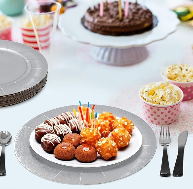 Gift Boutique 24 Pcs Silver Round Disposable Charger Plates 13" Heavy Duty Dinner Serving Tray Paper Cardboard Platters for Table Setting Place Mats