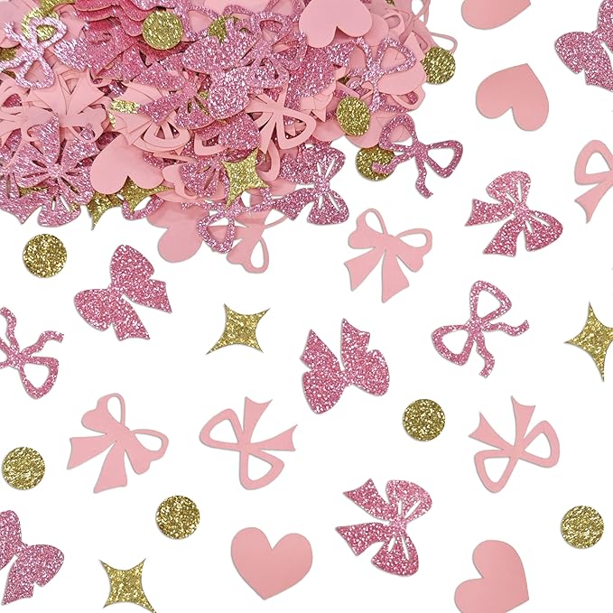 240 Pcs Pink Bow Confetti, Bow Theme Glitter Table Scatter for Coquette Engagement and wedding Party Decoration(Golden)
