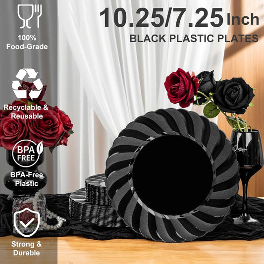 U-QE 60 Pcs Black Plastic Plates for Party – Scalloped Plastic Plates Heavy Duty – Include 30 10.25" Dinner & 30 7.25" Dessert Plate - Perfect for Parties, Weddings & Birthdays
