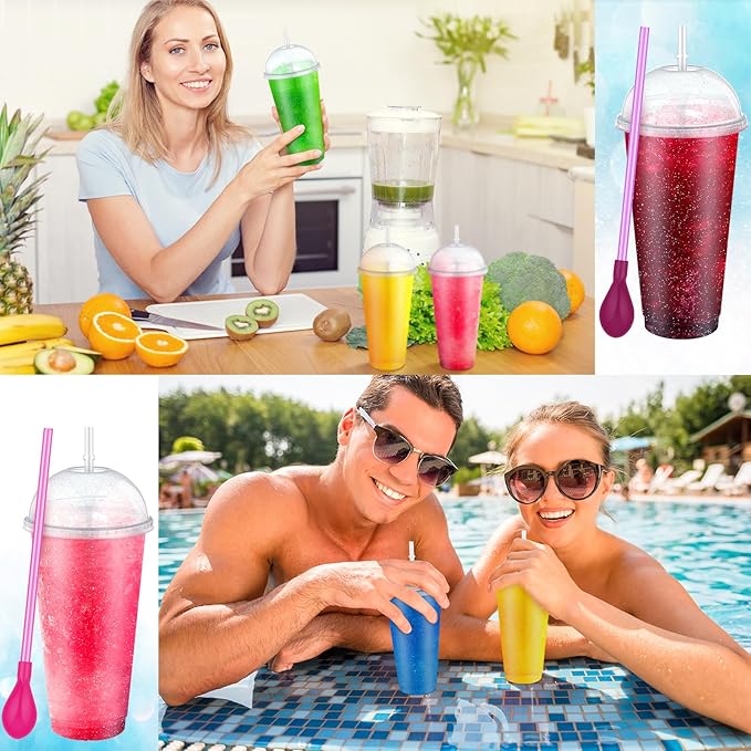 6 Set Slushie Cups with Dome Lids and Straws Detachable Spoon Straws Reusable Plastic Iced Coffee Cups Smoothie Tumbler for Birthdays Summer Party Supplies(Clear,24 oz)