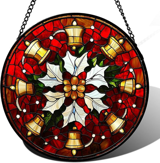 Stained Glass Window Hanging - Golden Bells Flowers Suncatcher for Doors Home Christmas Decoration Winter Sun Catcher Thanksgiving New Year Birthday Gift for Friend Women Men Mom Nana 15 in