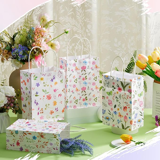 Gilprop 24 Pcs Wildflower Paper Gift Bags Spring Floral Candy Goodie Treat Bags Easter Flower Party Favor Bag with Handle for Mother's Day Birthday Party Bridal Shower Wedding Gift Wrapping Supplies