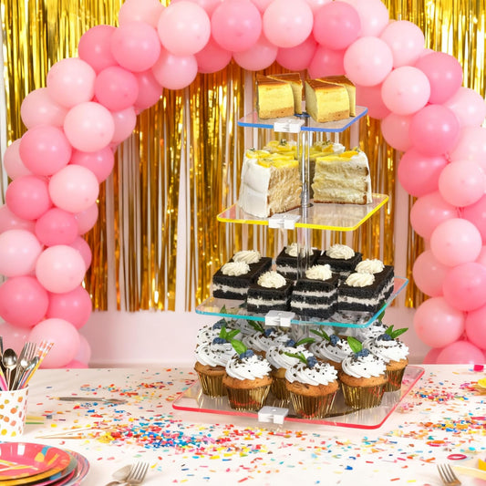 4-Tier Rotating Cupcake Stand with LED Lights - 360° Spinning Display Tower for Desserts, Cakes & Pastries - Rechargeable 7-Color Changing Serving Tray for Weddings, Parties & Festive Gatherings (Clear Acrylic)