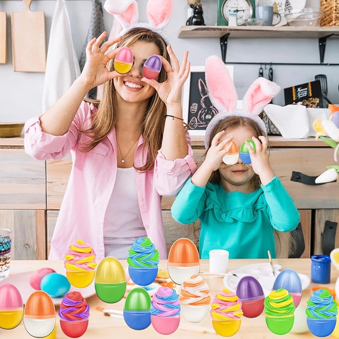 [ Two Color ] 12 Pack Prefilled Easter Butter Slime Eggs,Slime Easter Egg Fillers Stress Relief Easter Egg Hunt Filling Treats Classroom for Kid Teens Boy Girl Easter Basket Stuffers Party Favor