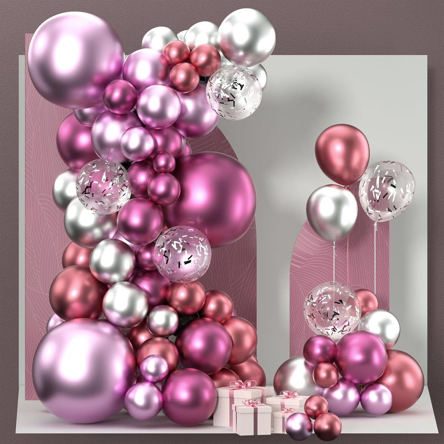 PartyWoo Pink Balloon Arch Kit Garland 100 pcs Different Sizes of 18 12 10 5 Inch Metallic Light Pink Magenta Silver Latex Balloons for Wedding Engagement Baby Shower Birthday Party Decorations