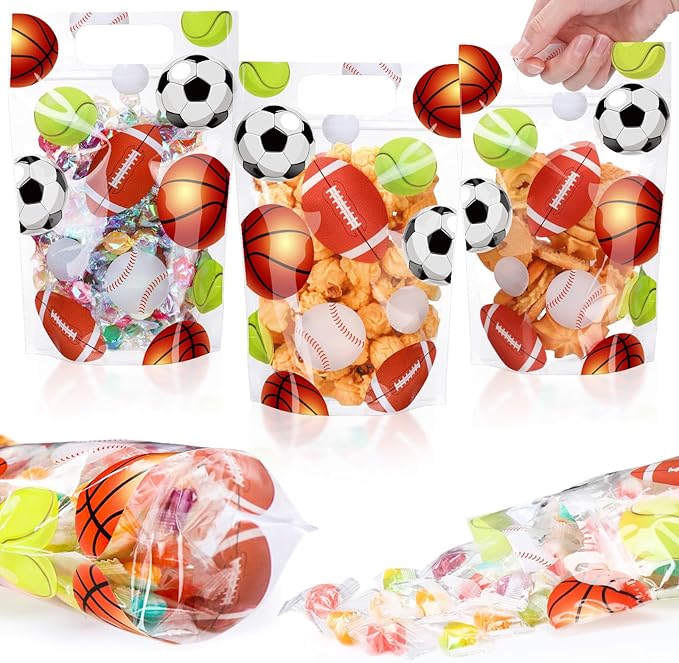 Blosssound 50 Pcs Sport Plastic Bags Clear Sportball Sealing Pouches with Handles Resealable Sport Party Zipper Bags for Sport Theme Birthday Party Candy Gift Wrap Supplies Decoration