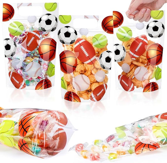 Blosssound 50 Pcs Sport Plastic Bags Clear Sportball Sealing Pouches with Handles Resealable Sport Party Zipper Bags for Sport Theme Birthday Party Candy Gift Wrap Supplies Decoration