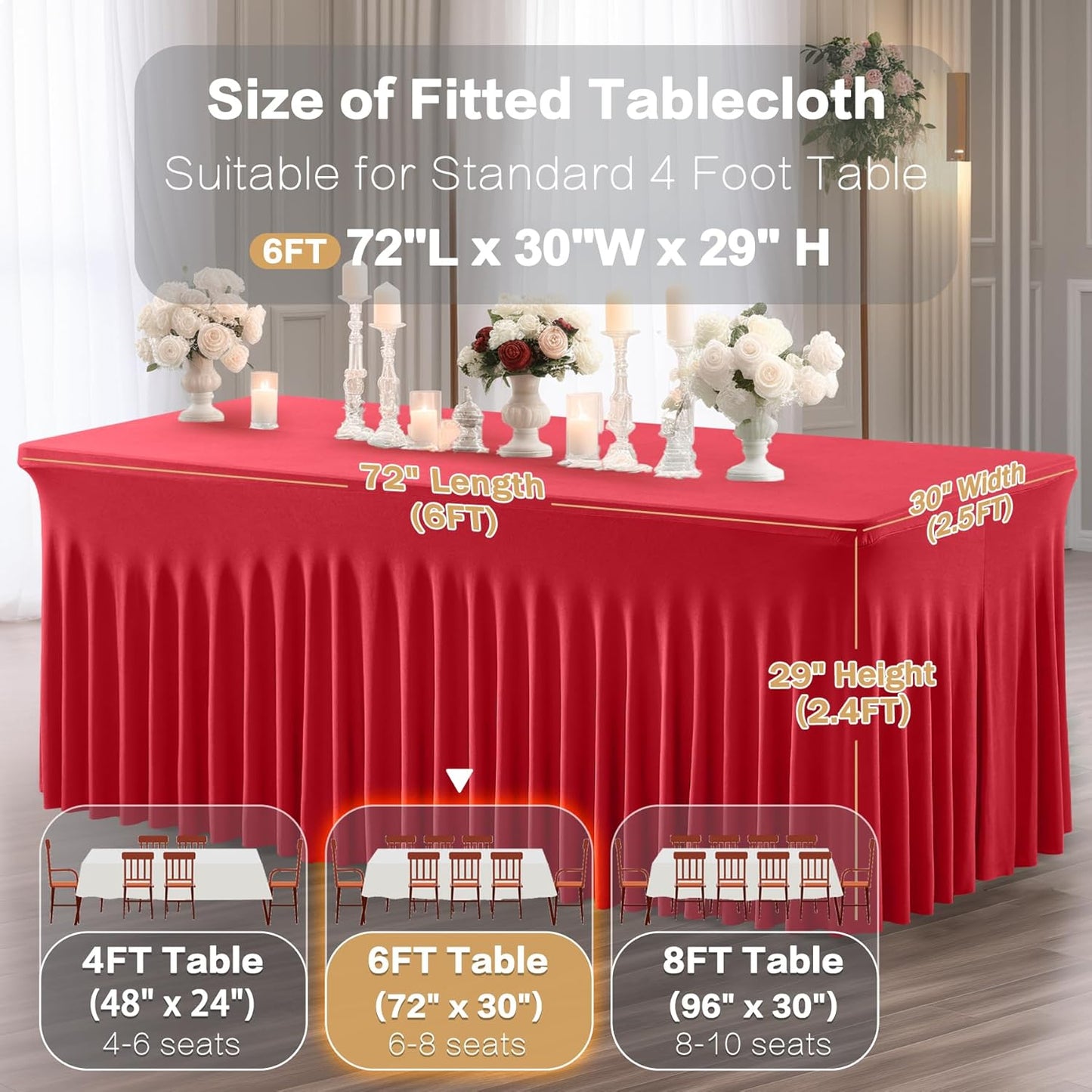 Red Spandex 6 Pack Table Clothes for 6ft Rectangle - Stretch Fitted, Wrinkle Free Covers for Wedding, Banquet, Parties
