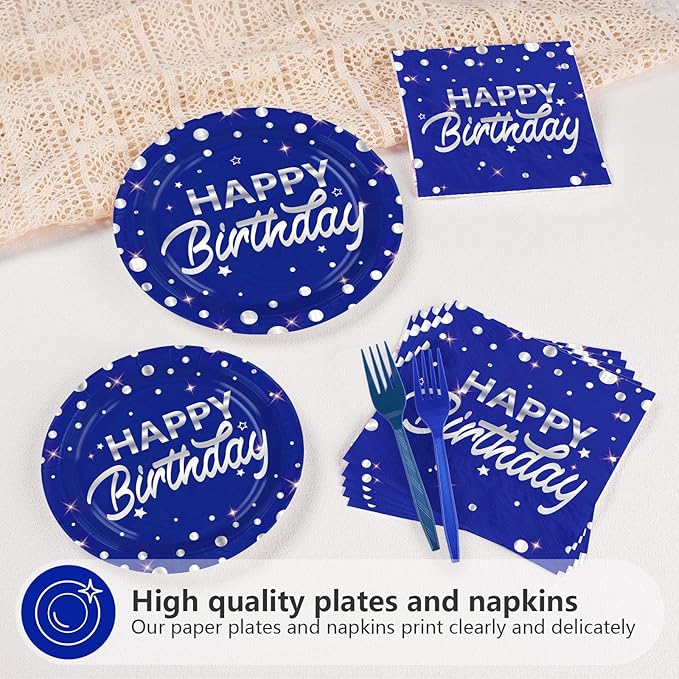Grencian 96Pcs Blue and Silver Birthday Party Decorations Supplies Silver Polka Dots on Happy Birthday Blue Paper Plates and Napkins Disposable Tableware for Women Men Party Decorations Serves 24