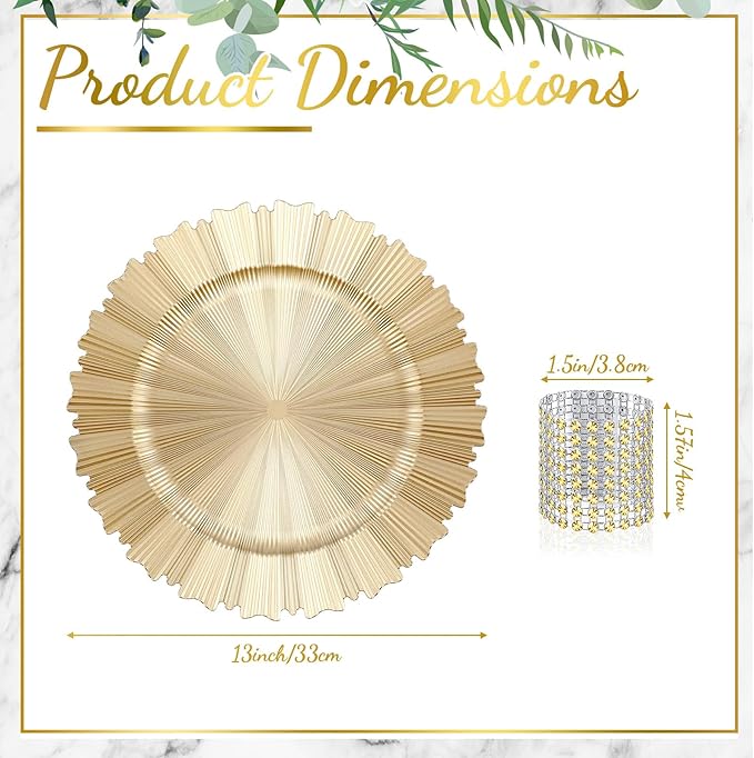 Tanlade 100 Set Light Gold Charger Plates Bulk with Napkin Rings Plastic 13" Plate Charger Fluted Edge Wedding Decoration for Table Wedding Party Event(Gear)