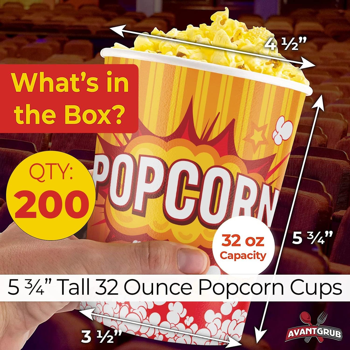 Leakproof Super Durable 32oz Popcorn Cups 200 Pk. Grease-Proof Disposable Pop Corn Tubs With Cool Design Are the Ultimate Movie Theater Accessory. Large Containers Great for Any Party or Event.