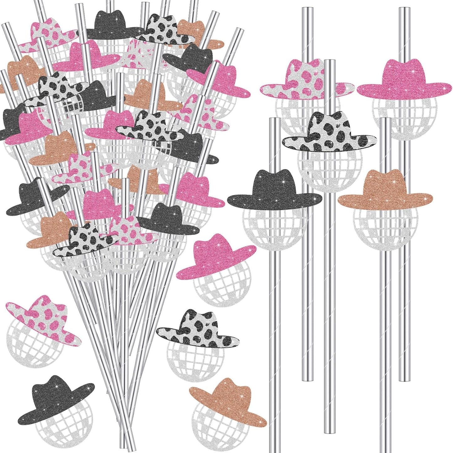 Tanlade 50 Pcs Mini Disco Ball Straws 70s Disco Straws Mirror Glitter Cowgirl Hat Party Decorations for Dance Holiday Wedding Birthday Supplies(Pink, Black, Brown)