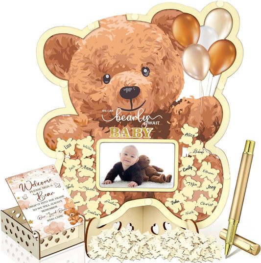 Wenqik 63 Pcs Brown Bear Baby Shower Guest Book Alternatives Set Baby Shower Decorations with Photo Frame Sonogram Frame Keepsake 60 Wood Slices Guest Book for Birthday