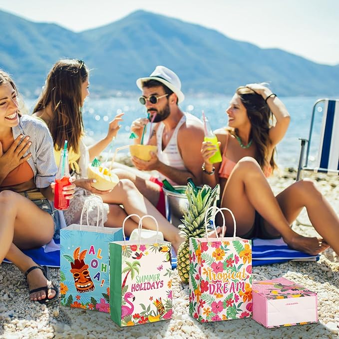 Outus 24 Pcs Summer Hawaiian Party Favor Bags Tropical Goodie Gift Paper Bags with Handles Aloha Tiki Luau Palm Leaves Flamingo Treat Candy Pouch for Summer Party Birthday Decor Baby Shower Supplies