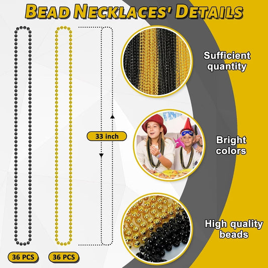 72PCS Bead Necklaces, Metallic Gold Black New Year Bead Party Favors, New Year Eve 33" Necklaces Costume, Parade Throw Accessories for New Year Wedding Birthday Celebrations Decorations
