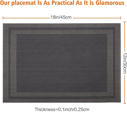Placemats Set of 12,Washable,Heat and Stain Resistant Indoor/Outdoor Place mats,Vinyl Woven Non Slip Table Mats for Restaurant Table Protection,PVC Placemats(Black Gold,12PCS)