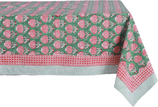 ATOSII Roma Green 100% Cotton Rectangle Spring Summer Tablecloth, Handblock Floral Table Cloth Linen for Kitchen Dining I Parties Wedding Outdoors Easter Picnics Holidays I 72 X 120 Inches I 10 Seater