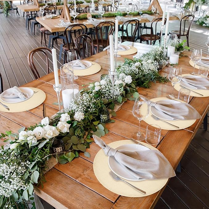 Yunlly Set of 48 Round Burlap Placemats Bulk Burlap Farmhouse Placemats Set Heat Resistant Table Mats Circle Jute Charger Place Mats for Wedding Holiday Dinner Rustic Table Decorations(11.8 in,Beige)