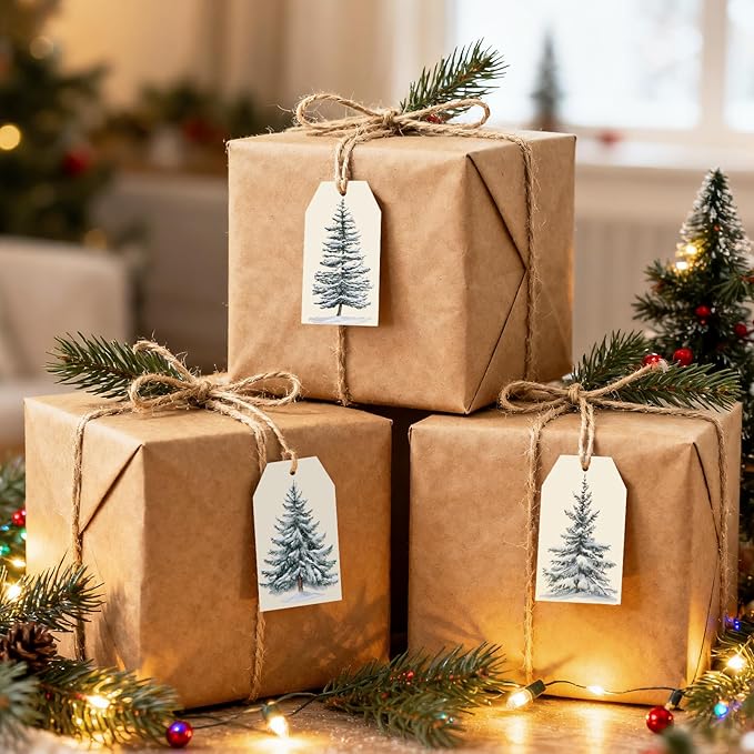 Anwyll Christmas Gift Tags with String - 50Pcs Vintage Merry Christmas Tags for Gifts Xmas Gift Tag Personalized Christmas Tree Label Happy Holiday Tag for Present Wrap Goodie Bag Holiday Party Favors