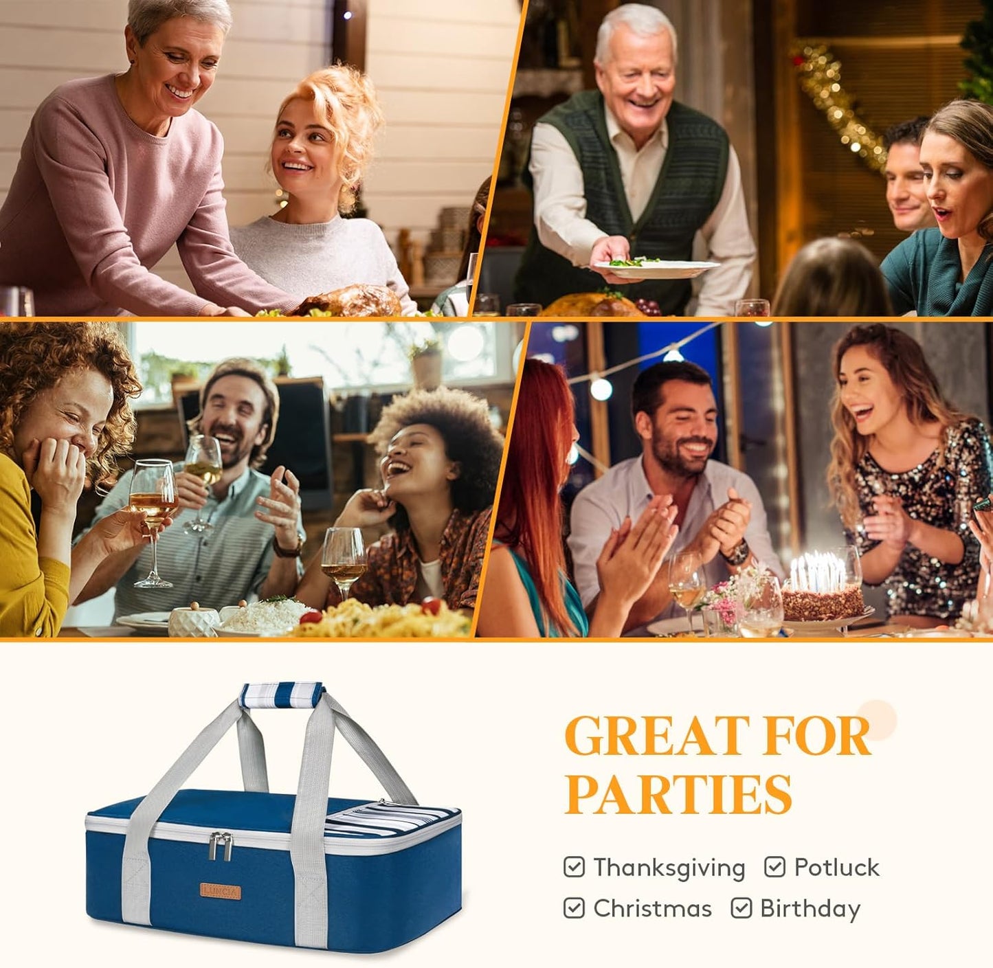 LUNCIA Insulated Casserole Carrier for Hot or Cold Food, Lasagna Lugger Tote for Potluck Parties/Picnic/Cookouts, Fits 9"×13" Baking Dish, Dark Blue