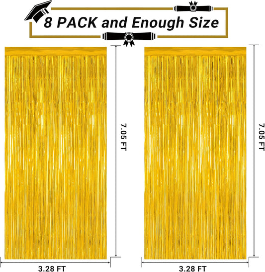 8 Pack 2025 Graduation Party Decorations, 3.28 FT x 7.05 FT Gold Backdrop, Metallic Graduation Photo Backdrop Grad Foil Curtains Party Streamer, Class of 2025 Decorations Grad Decor