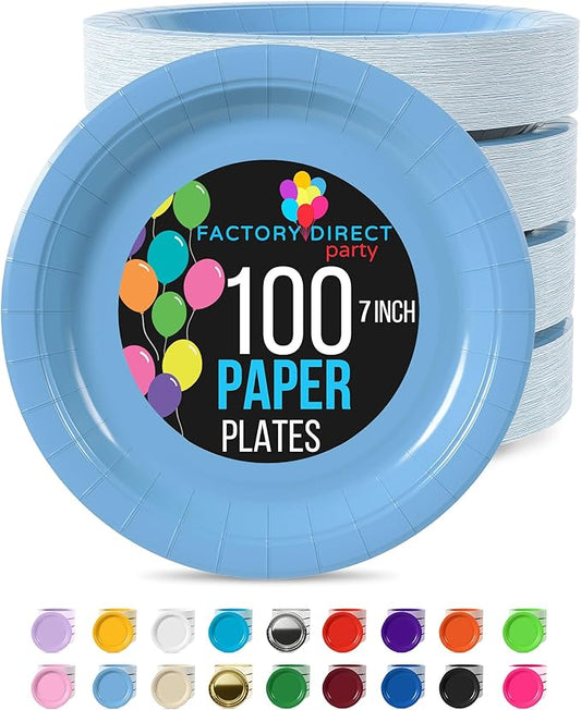 Exquisite Light Blue Paper Plates Disposable Heavy Duty 7 Inch Light Blue Disposable Plates For Party 100 Pcs Heavy Duty Paper Plate 350 GSM, Birthday Party Supplies Plate Set
