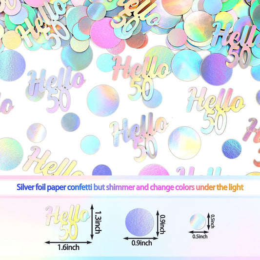 Hello 50 Birthday Confetti for Table Iridescent Circle Happy 50th Birthday Party Decorations for Women Fifty Years Old Birthday Tables Scatter Party Confetti Wedding Anniversary Decor 300PC