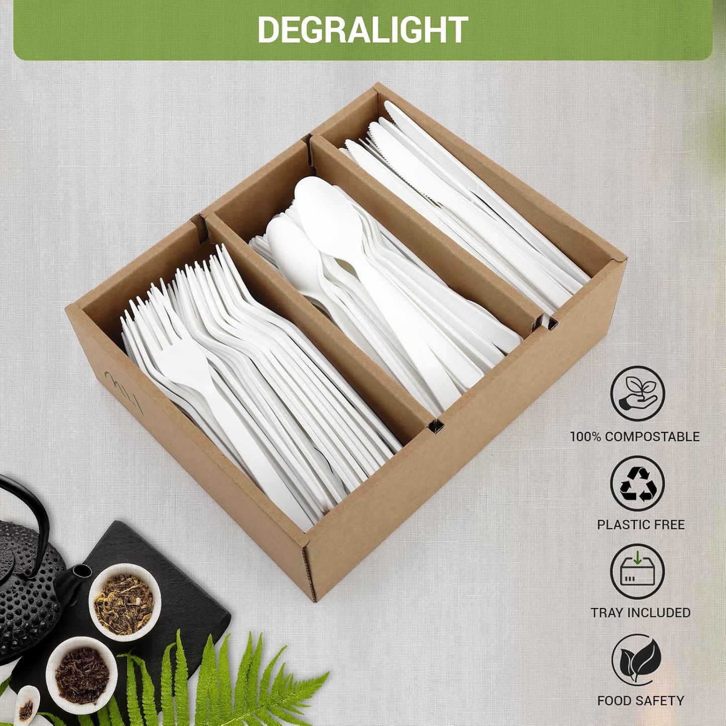 Disposable Cutlery Set - 160 Pcs BPI Certified Disposable Utensils with 60 Compostable Forks, 50 CPLA Spoons and 50 Disposable Knives, Eco-Friendly Compostable Cutlery for Thanksgiving Day & Daily
