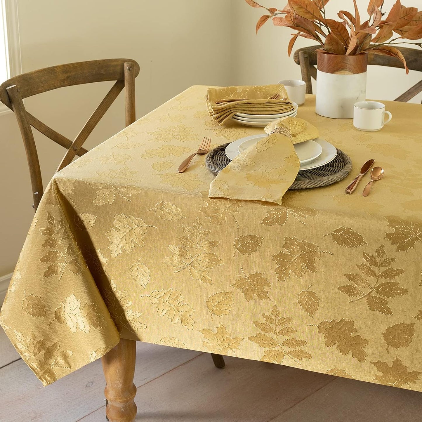 Benson Mills Harvest Legacy Damask Fabric Table Cloth Fall, Harvest, and Thanksgiving Tablecloth (Gold, 52" x 70" Rectangular)