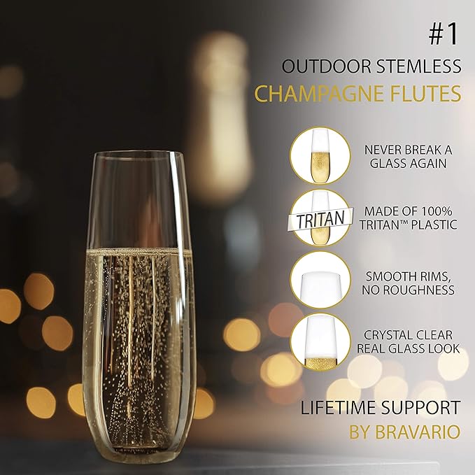 Unbreakable Stemless Plastic Champagne Flutes | Shatterproof 100% Tritan Plastic Glasses | Reusable | BPA-free | 8.5 oz, Set of 4
