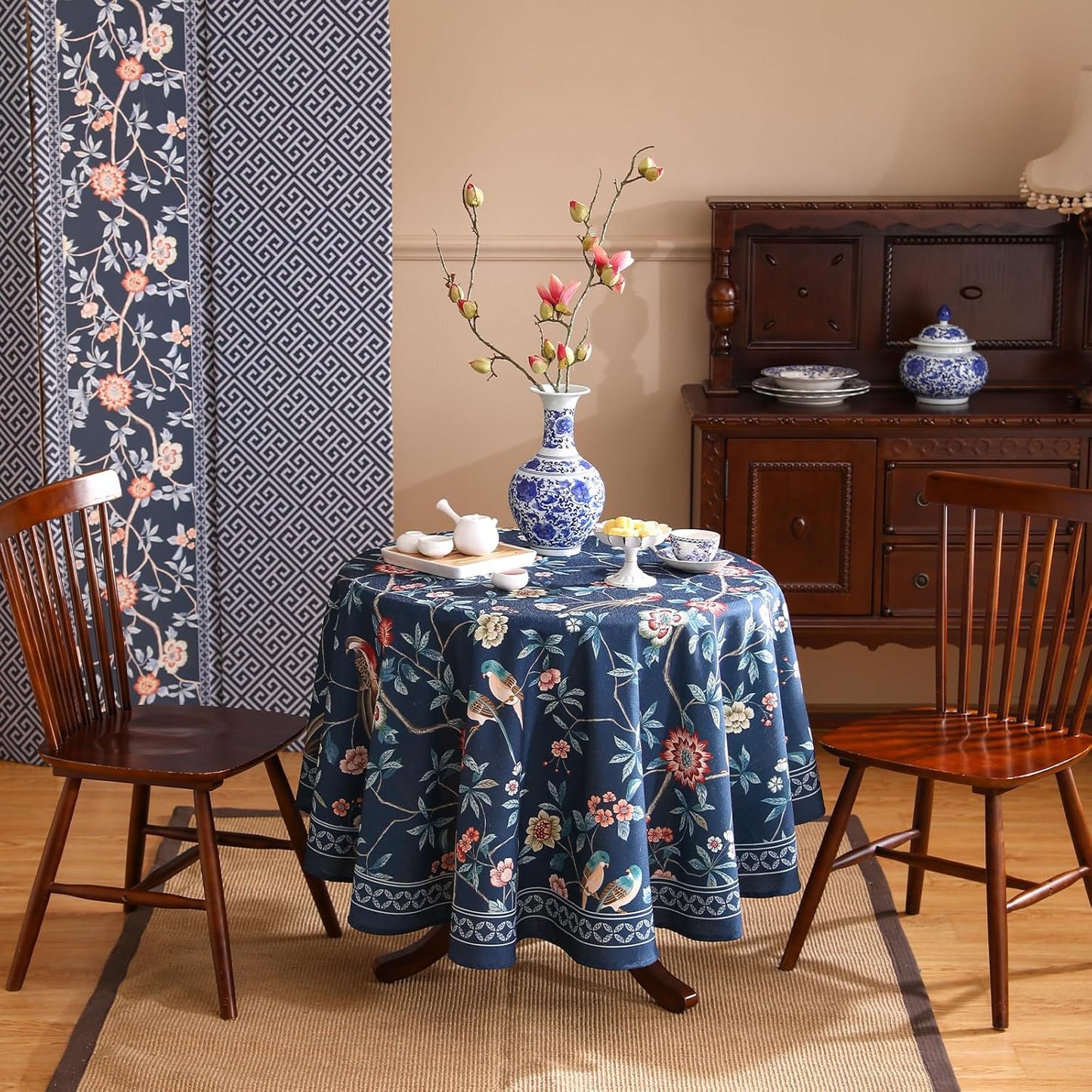 patdrea Designer Dark Blue Linen Round Tablecloth,Vintage Navy French Floral and Birds Pattern Table Cloth,Decoration Table Cover for Kitchen,Dining,Tea Party,Home,Christmas,Diameter 67"