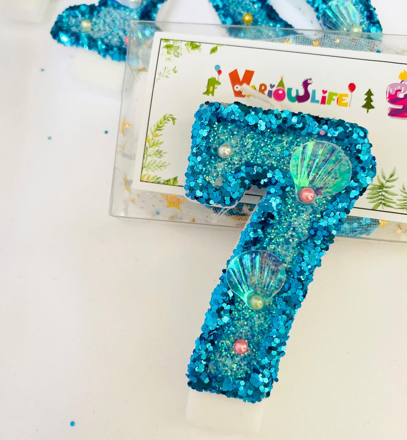 Blue Number Candle,Shell Sequins Number Candles for Birthday Cakes Mermaid Themed Party Supplies Number 7 Candle