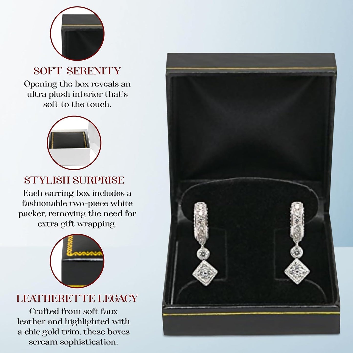 Novel Box Black Jewelry Box for Earrings Tree 2.5x2.75x1.62 Inches - Earring Gift Boxes with Gold Trim - Faux Leatherette Earring Storage Case - Gift Presentation Cases for Earrings Only