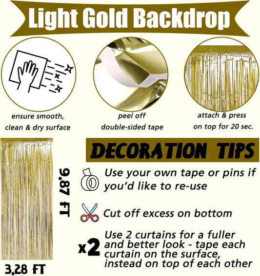 4 Pack Light Gold Fringe Curtain Backdrop, 3.2Ft x 9.8Ft Metallic Tinsel Foil Fringe Streamers Background for Photo Booth Birthday Wedding Baby Shower Carnival Easter Mother’s Day Party Decorations
