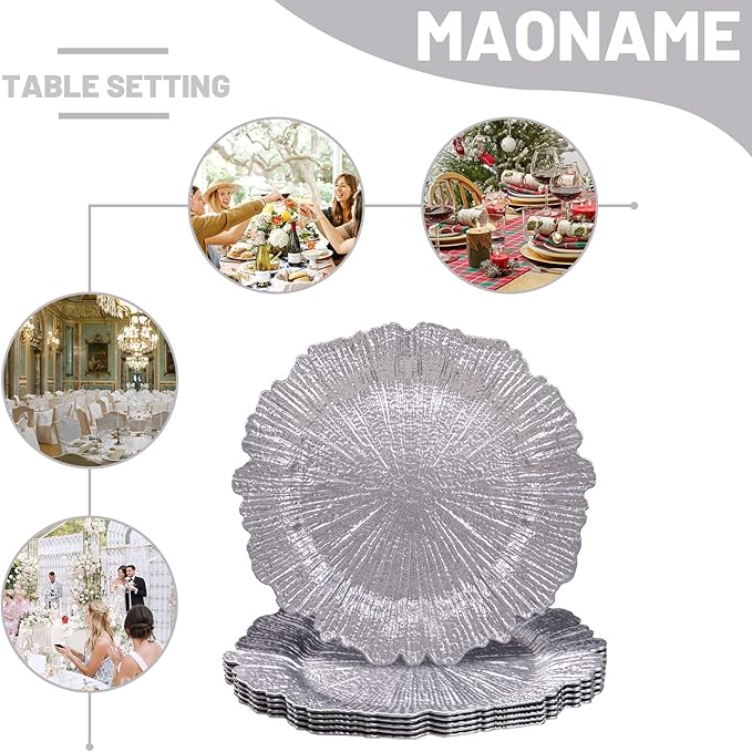 MAONAME Round 13" Silver Charger Plates, Reef Plate Chargers Set of 6, Plastic Table Chargers for Dinner Plates, Wedding, Thanksgiving, Christmas