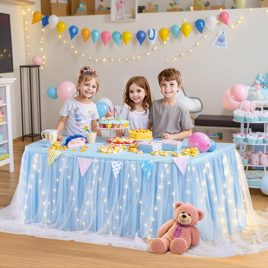 6FT Baby Blue Tulle Table Skirt for Rectangle or Round Tables Baby Blue Tutu Table Skirt with LED Lights for Princess Birthday Party Baby Shower Gender Reveal Wedding Banquet Cake Dessert Decorations