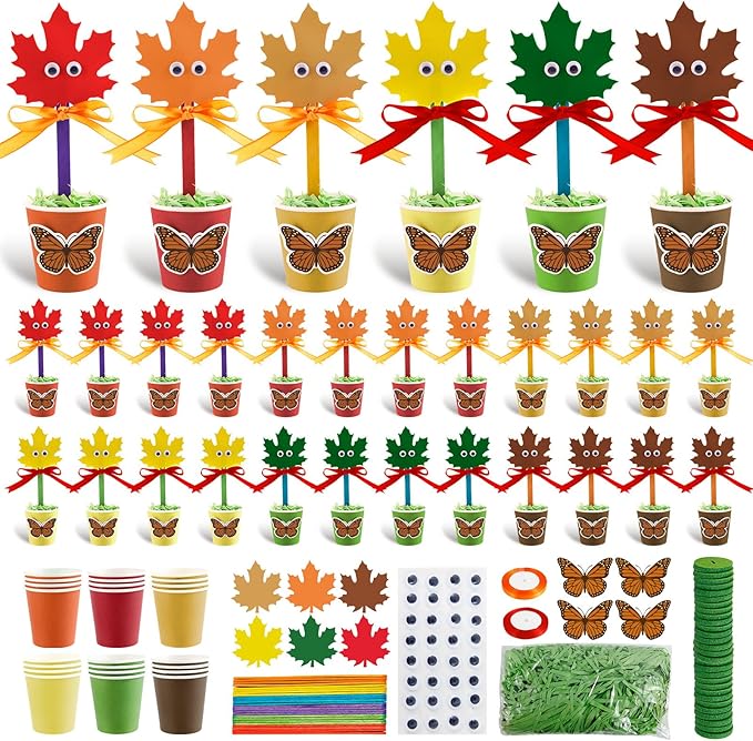 30 Set Fall Flower Paper Pot Craft Kits - Make Your own Standing Autumn Maple Leaf Gift Crafts Decorations,DIY Thankful Flower Pot Decor Home School Classroom Art Activities for Thanksgiving