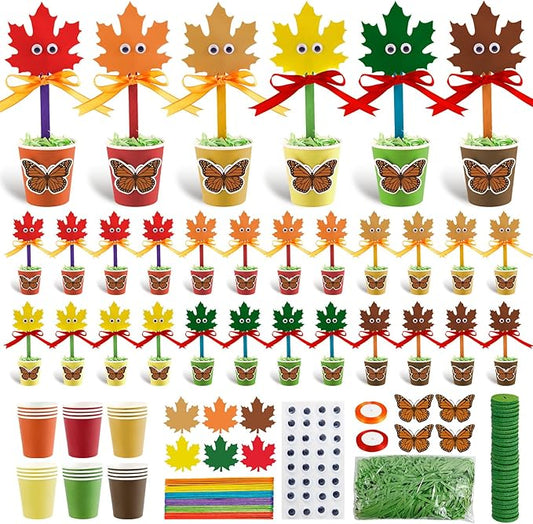 30 Set Fall Flower Paper Pot Craft Kits - Make Your own Standing Autumn Maple Leaf Gift Crafts Decorations,DIY Thankful Flower Pot Decor Home School Classroom Art Activities for Thanksgiving