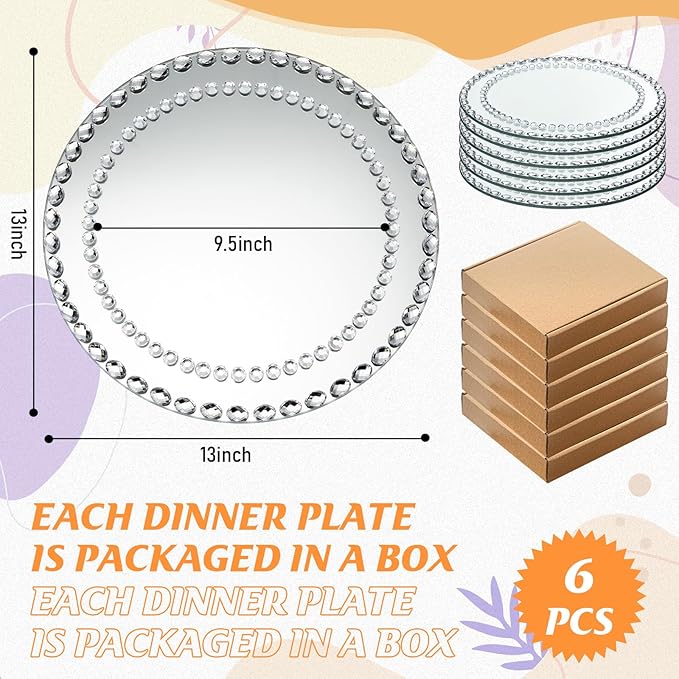 Suclain 6 Pcs Mirrored Glass Charger Plates 13 Inch Silver Mirror Plates Round Chargers for Dinner with Diamond Rim Settings for Wedding Birthday Party Events (Round Diamond Rim)