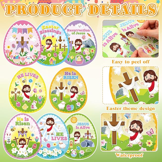Frienda 48 Sets Easter Religious Crafts for Kids Make an Easter He is Risen Egg Sticker Scenes Resurrection Crafts Stickers for Christian Bible Sunday School Party Favors