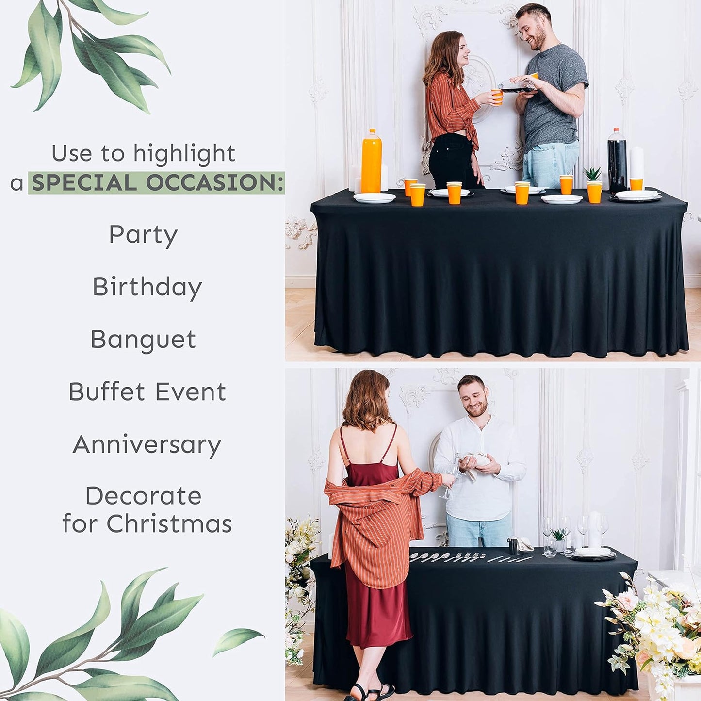 2 Pack Table Skirt for Rectangular Tables 8ft - Wedding Spandex Tables Cover for Standard 8 Foot Table - One Piece Fitted Elastic Tablecloth - Great for Party, Event, Trade Show (Pack of 2, Black 8ft)