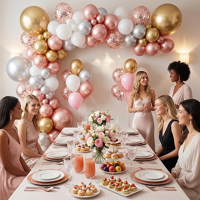 Rose Gold Balloons Arch Kit,130pcs Pearl Metallic Rose Gold Balloon Garland,Different Sizes White and Gold Latex Balloons for Wedding Bridal Baby Shower Birthday Party Decorations for Women